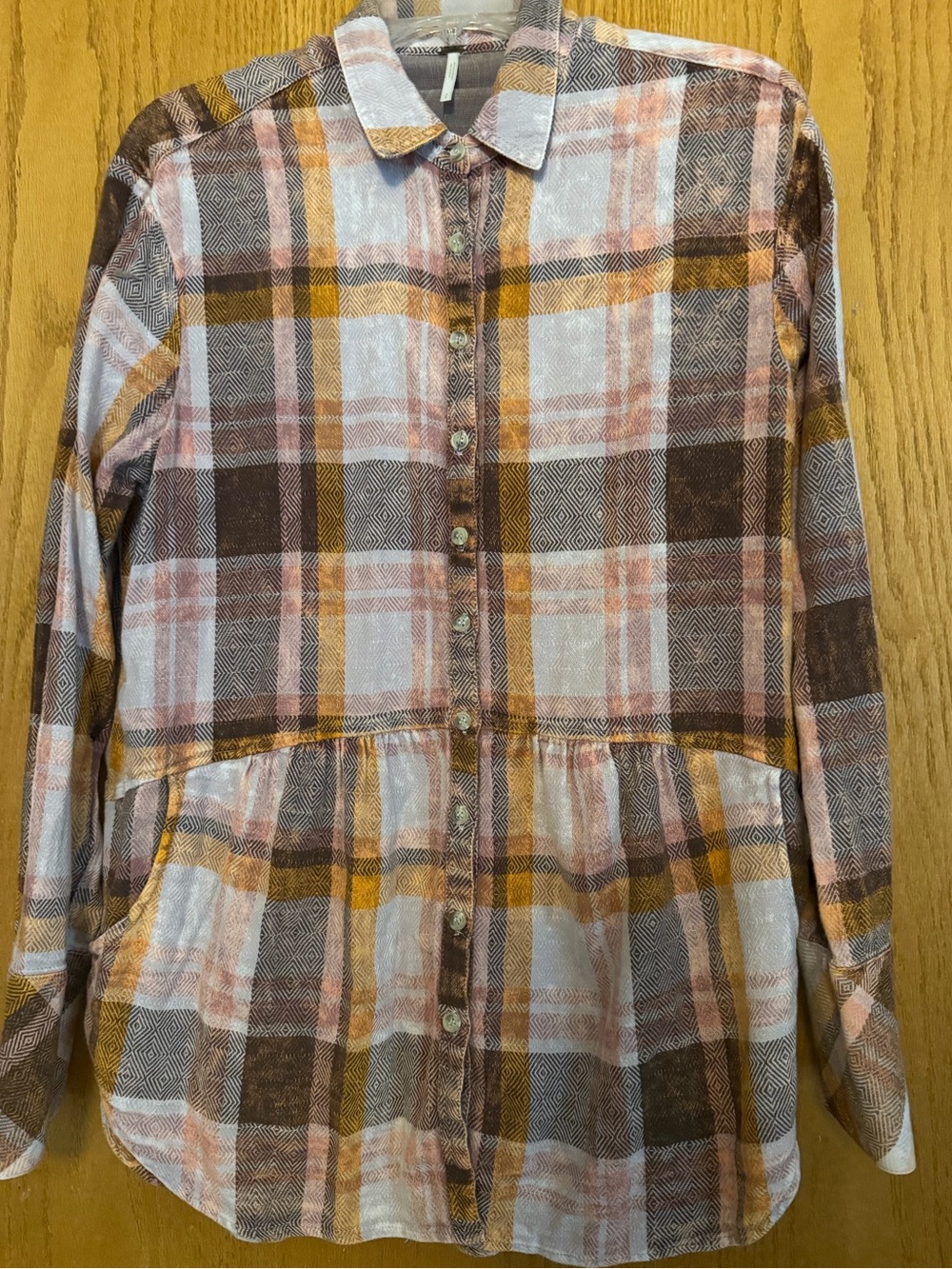 Free People Plaid Flannel Shirt in Pink, Brown & Mustard